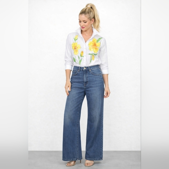 Mark II Tops - Mark II Vintage hand Painted Floral White Cotton Button Down Top Blouse  M